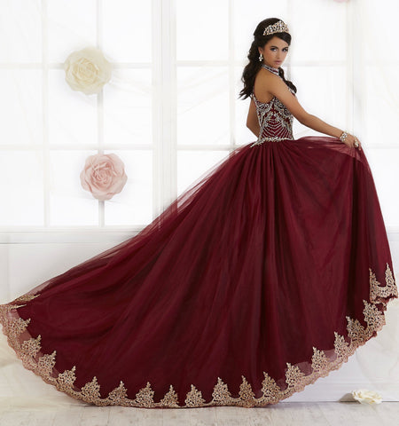 Perlenbesetztes Quinceanera-Kleid mit hohem Kragen von House of Wu 26881