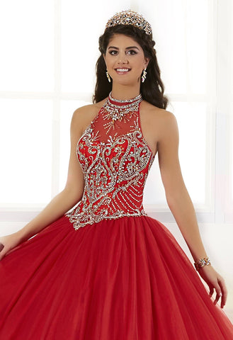 Perlenbesetztes Quinceanera-Kleid mit hohem Kragen von House of Wu 26881