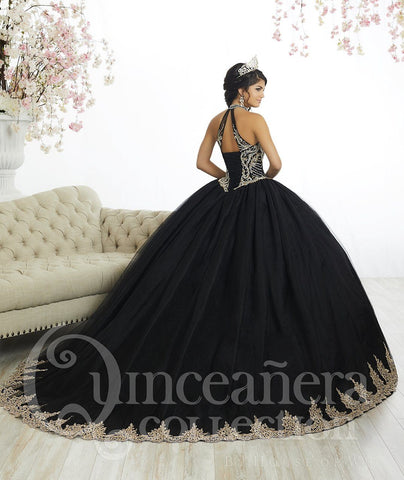 Perlenbesetztes Quinceanera-Kleid mit hohem Kragen von House of Wu 26881