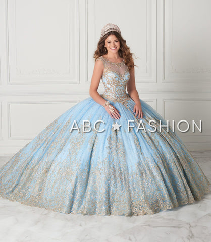 Perlenbesetztes Illusion-Glitzer-Quinceanera-Kleid von House of Wu 26941