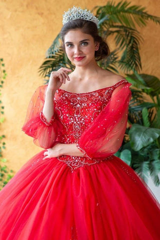 Perlenbesetztes Quinceanera-Kleid mit langen Ärmeln von Calla KY71289X