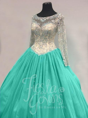 Perlenbesetztes Quinceanera-Kleid mit langen Ärmeln von Fiesta Gowns 56347