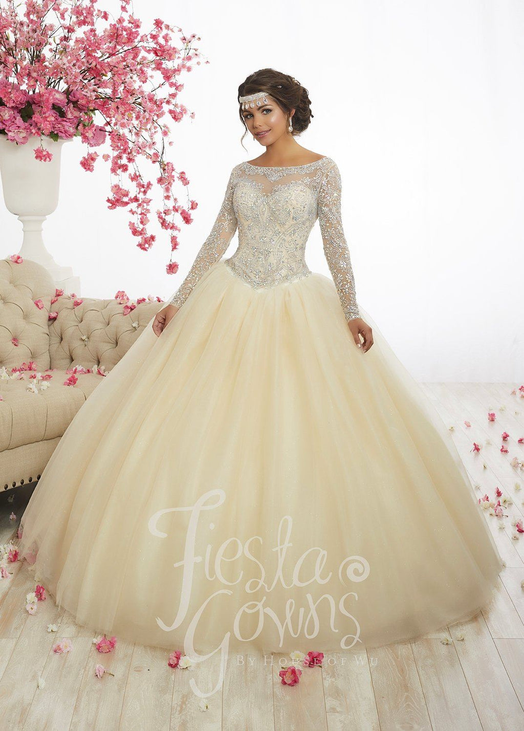 Beaded Long-Sleeve Quinceanera Dress by Fiesta Gowns 56347