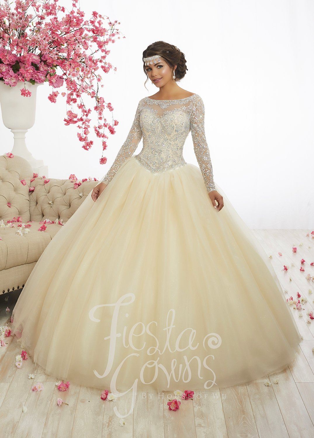 Beaded Long-Sleeve Quinceanera Dress by Fiesta Gowns 56347