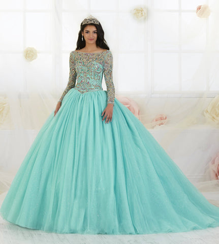 Perlenbesetztes Quinceanera-Kleid mit langen Ärmeln von House of Wu 26875