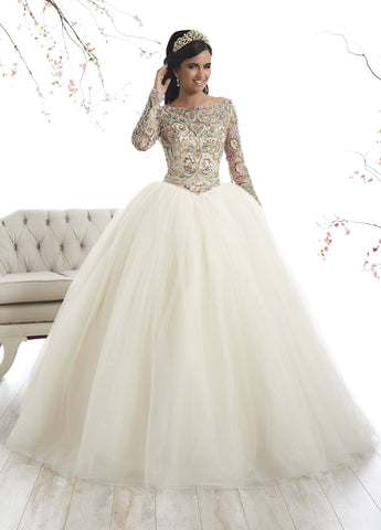 Perlenbesetztes Quinceanera-Kleid mit langen Ärmeln von House of Wu 26875