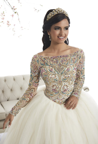 Perlenbesetztes Quinceanera-Kleid mit langen Ärmeln von House of Wu 26875