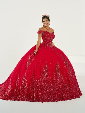 Vestido de quinceanera com contas e ombros à mostra da Fiesta Gowns 56501