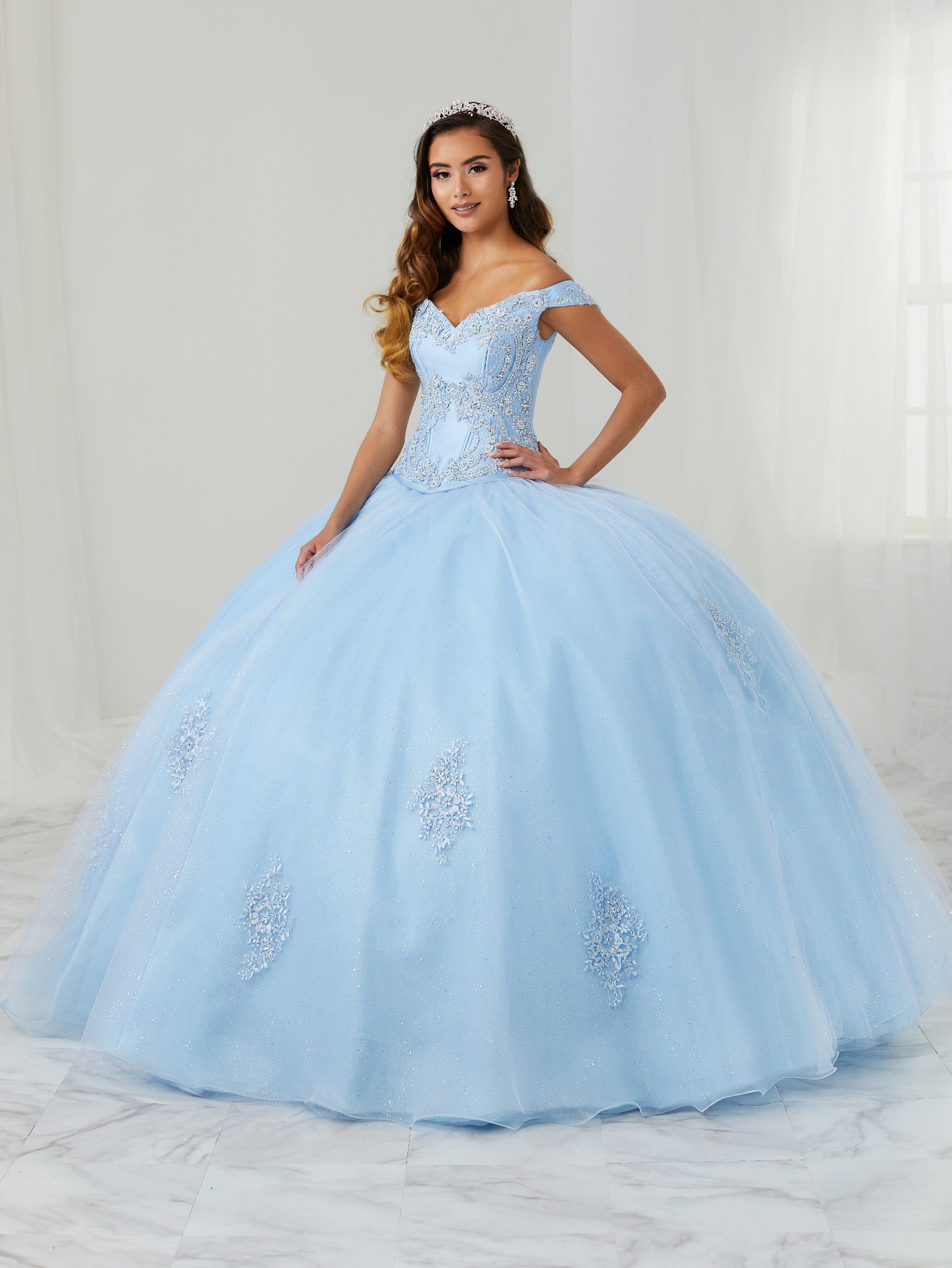 Beaded Off Shoulder Quinceanera Dress by LA Glitter 24086