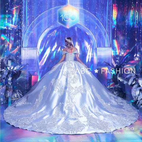 Vestido de quinceanera com contas e ombros à mostra da Ragazza EV40-640