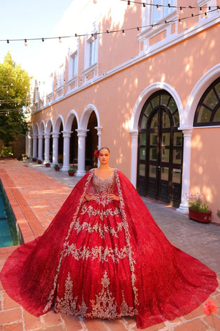 Perlenbesetztes ärmelloses Cape-Quinceanera-Kleid von Amarra 54296