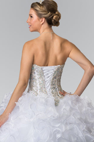 Perlenbesetztes, trägerloses Ballkleid mit Rüschen von Elizabeth K GL2209