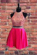 Robe de promo courte en deux pièces avec perles rose vif PD337