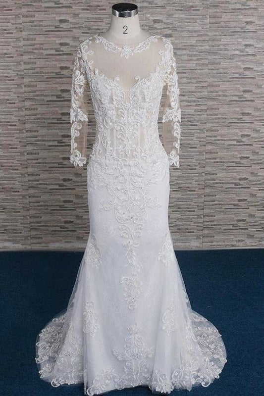 Perlen-Applikationen Langarm Meerjungfrau Elegante Hochzeitskleider
