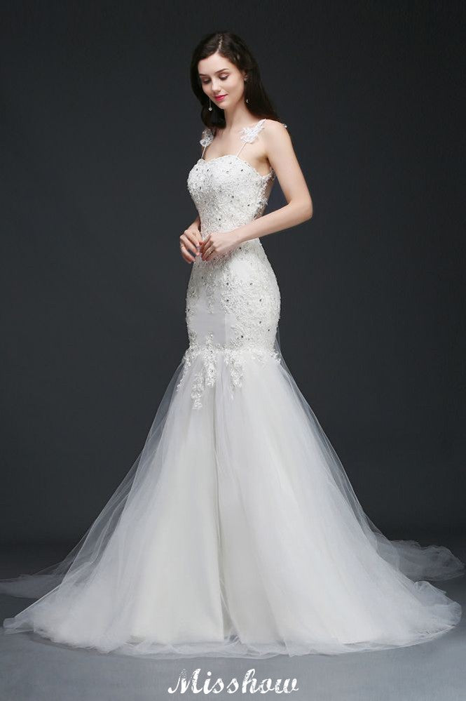 Perlenbesetztes Meerjungfrauen-Trägerkleid mit romantischem Brautkleid-Design