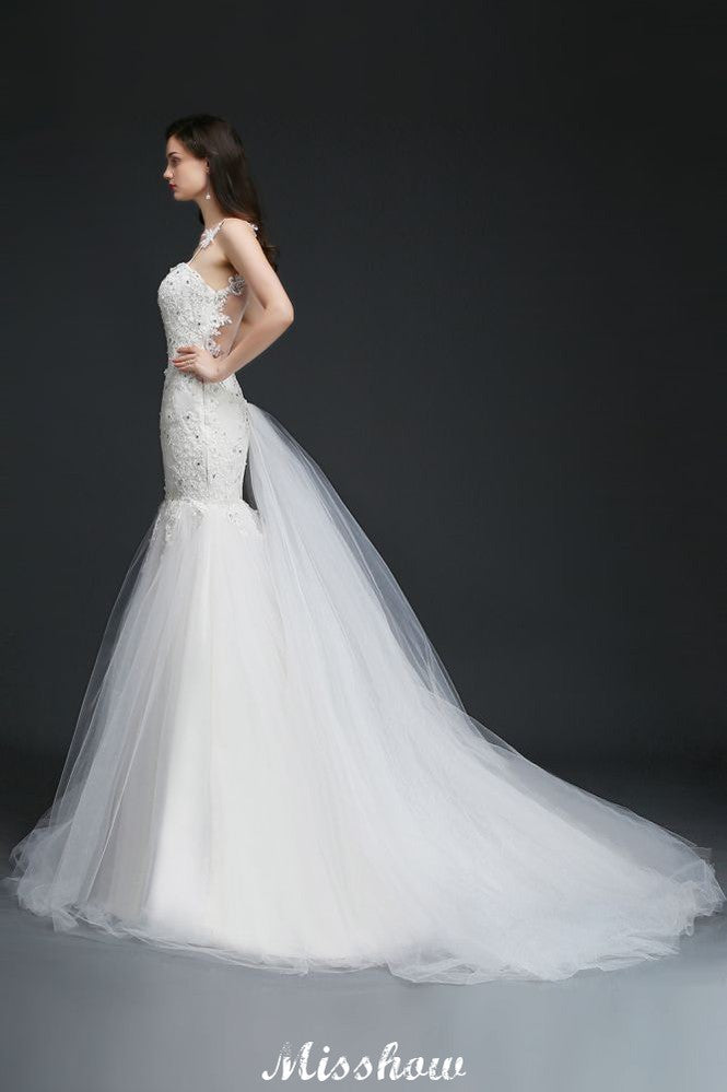 Perlenbesetztes Meerjungfrauen-Trägerkleid mit romantischem Brautkleid-Design
