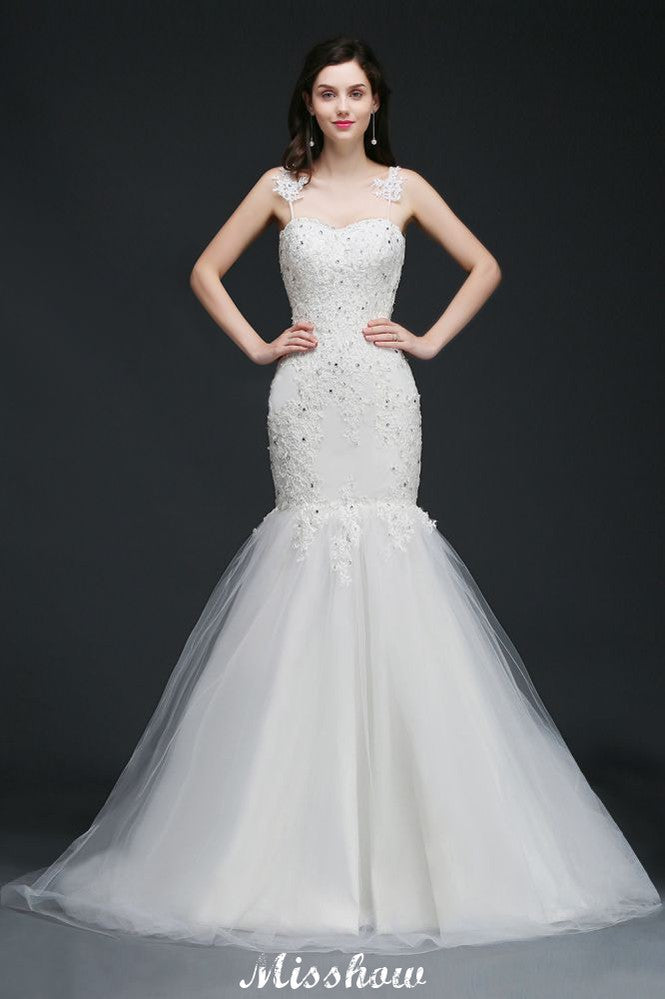 Perlenbesetztes Meerjungfrauen-Trägerkleid mit romantischem Brautkleid-Design
