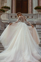 Beautiful A-Line V-neck Lace Long Sleeves Mermaid Wedding Dresses With Detachable Train