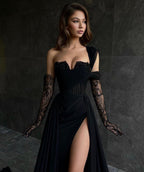 Wunderschönes langes schwarzes A-Linie One-Shoulder-Ballkleid aus Spitze mit