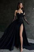 Lindo vestido de festa preto comprido, corte A, de um ombro, sem mangas, em renda, com ajuste