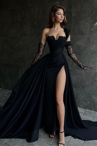 Beautiful Black Long A line One Shoulder Sleeveless Lace Prom Dress With Sit