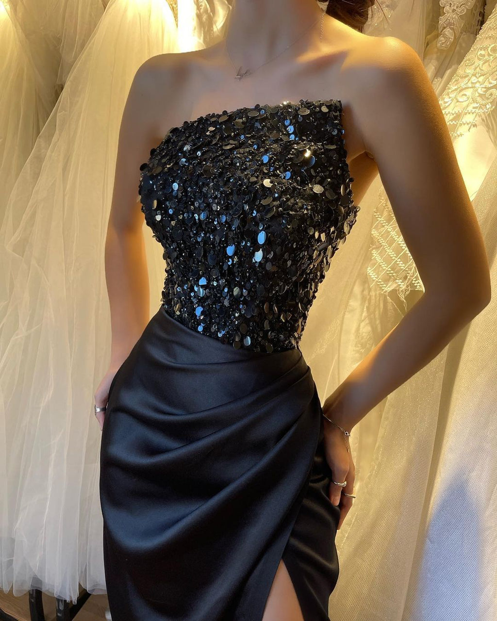 Beautiful Black Sequins Sleeveless Strapless Long Evening Dress with High Slit