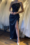 Vestido de Noche Largo Sin Mangos y Sin Tirantes con Lentejuelas Negras Hermosas y Abertura Alta