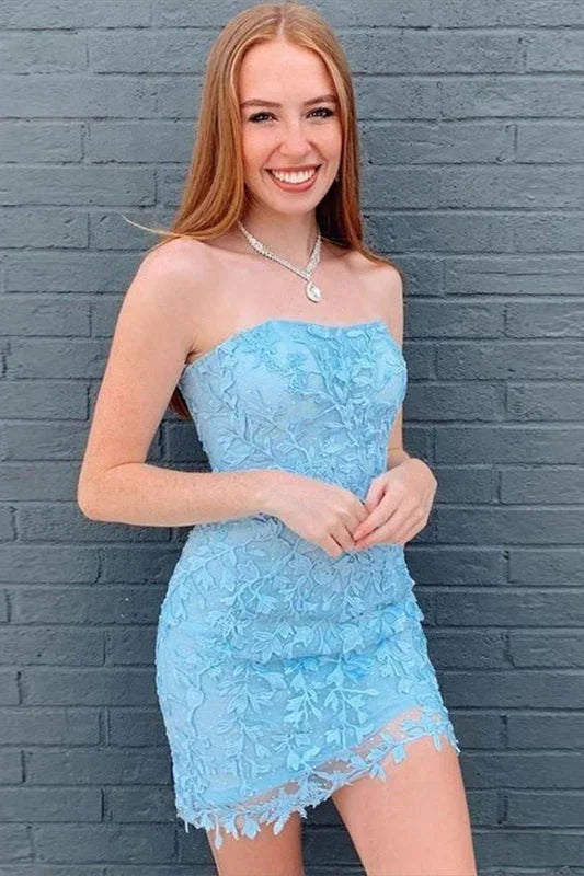 Wunderschönes Säulen-Spitzen-Trägerloses Ärmelloses Kurzes Ballkleid
