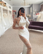 Schönes Satin-Säulen-Spitzen-Trägerlangarm-Brautkleid mit Applikationen