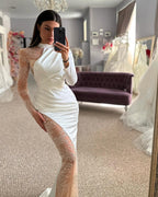 Schönes Satin-Säulen-Spitzen-Trägerlangarm-Brautkleid mit Applikationen