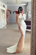 Schönes Satin-Säulen-Spitzen-Trägerlangarm-Brautkleid mit Applikationen