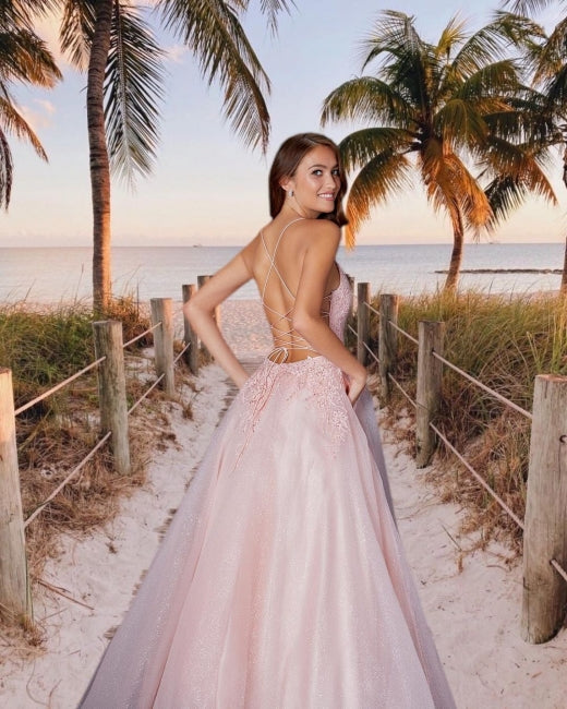 Beautiful evening dress long pink Prom dresses with lace