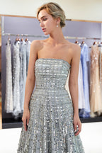 Lindos vestidos de noite compridos, sem alças e com glitter