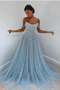 Hermoso Vestido de Fiesta Largo en Línea A con Escote Cuchara y Lentejuelas