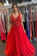 Robe de bal longue et magnifique en tulle, coupe A, décolleté en V, dos nu, avec applications de dentelle