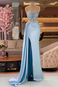 Magnifique Robe de Bal Longue Bleue Sirène Sans Manches Brodée de Perles Avec Fente