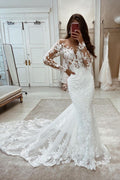Schönes langes Meerjungfrau-Kleid mit langen Ärmeln, Spitze und V-Ausschnitt für die Hochzeit