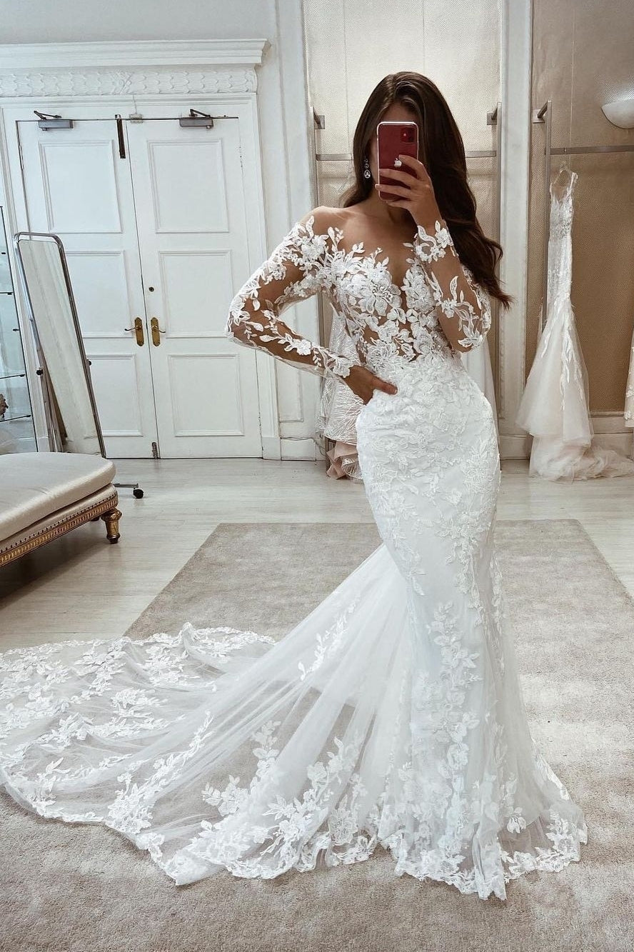 Schönes langes Meerjungfrau-Kleid mit langen Ärmeln, Spitze und V-Ausschnitt für die Hochzeit