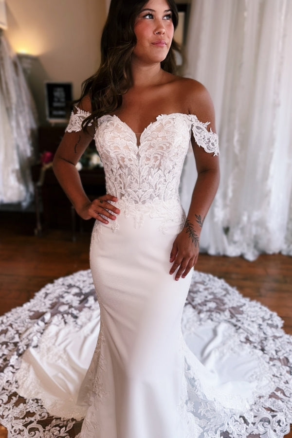 Schönes langes Meerjungfrau-Trägerloses Spitze-Satin Brautkleid
