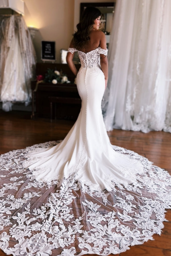 Schönes langes Meerjungfrau-Trägerloses Spitze-Satin Brautkleid