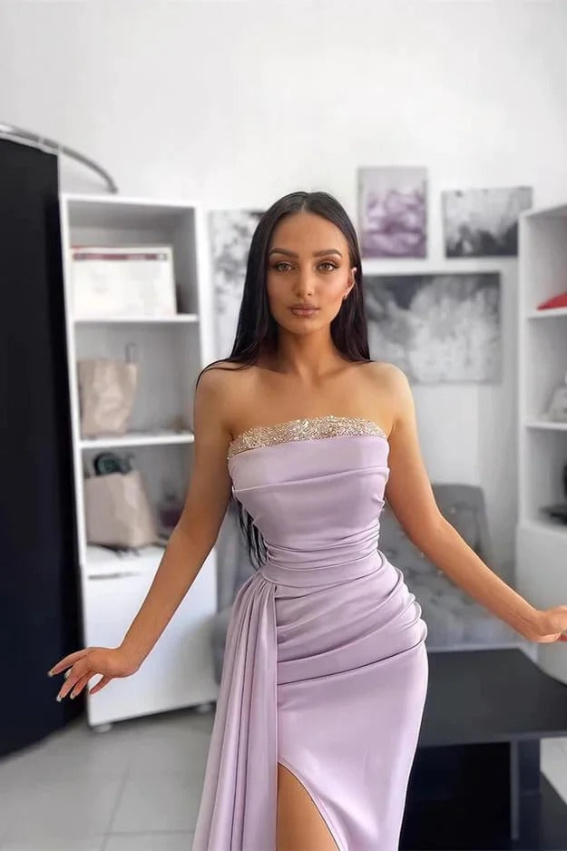 Wunderschönes langes Meerjungfrau-Kleid, trägerlos, ärmellos, aus Satin, mit Schlitz