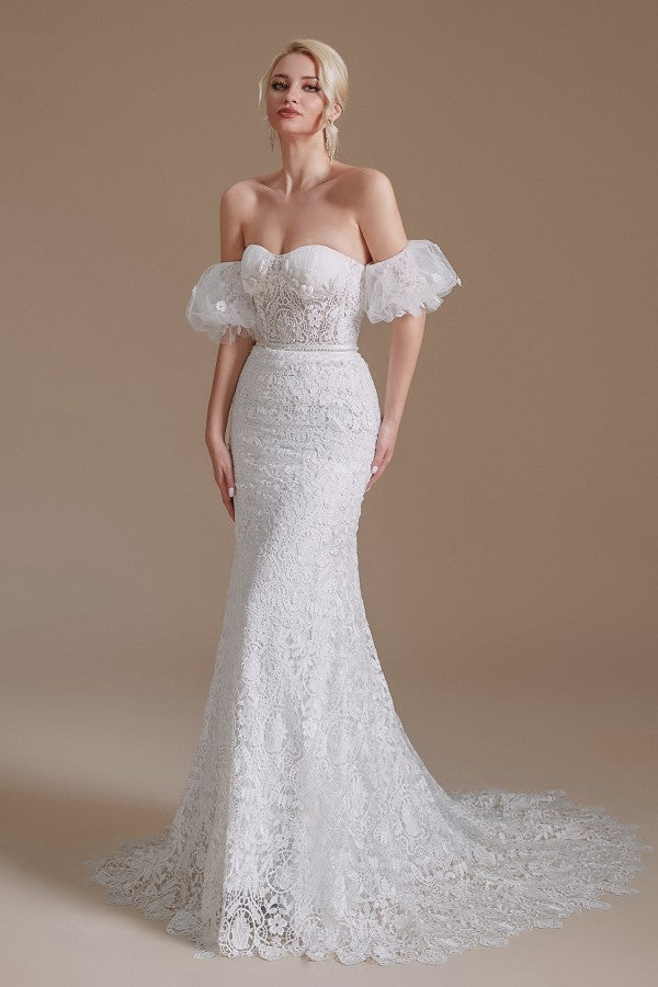 Schönes langes Meerjungfrau-Sweetheart-Spitzen-Brautkleid mit abnehmbaren Ärmeln
