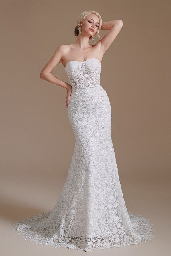 Schönes langes Meerjungfrau-Sweetheart-Spitzen-Brautkleid mit abnehmbaren Ärmeln