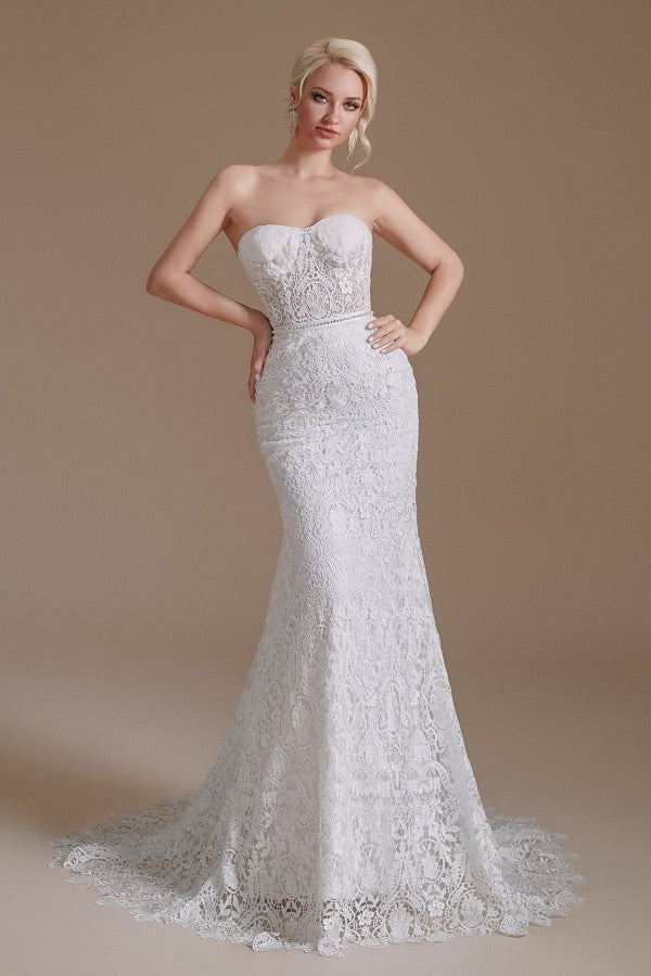 Schönes langes Meerjungfrau-Sweetheart-Spitzen-Brautkleid mit abnehmbaren Ärmeln