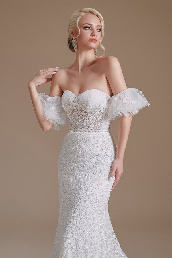 Schönes langes Meerjungfrau-Sweetheart-Spitzen-Brautkleid mit abnehmbaren Ärmeln