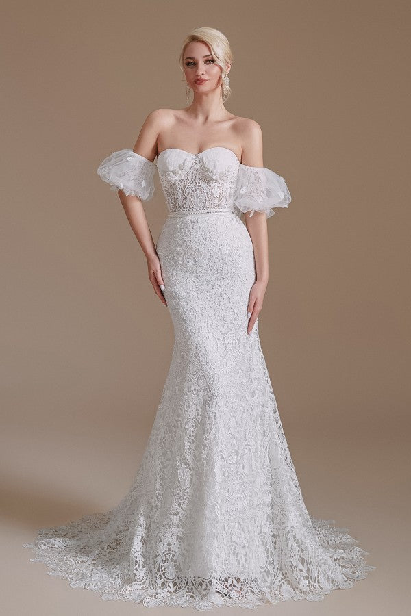 Schönes langes Meerjungfrau-Sweetheart-Spitzen-Brautkleid mit abnehmbaren Ärmeln