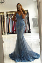 Beautiful Long Mermaid V-neck Appliques Lace Tulle Backless Prom Dress