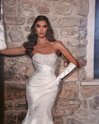 Bellissimo Abito da Sposa Bianco Sirena Lungo in Pizzo Senza Maniche con Appliques