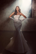 Bellissimo Abito da Sposa Bianco Sirena Lungo in Pizzo Senza Maniche con Appliques
