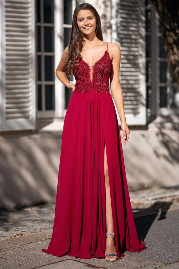 Wunderschönes langes, rückenfreies Chiffon-Ballkleid mit V-Ausschnitt und Schlitz